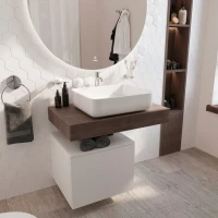 Столешница STWORKI Ольборг 80 дуб карпентер, без отверстий, с тумбой 50, с раковиной STWORKI Soul 1 белой