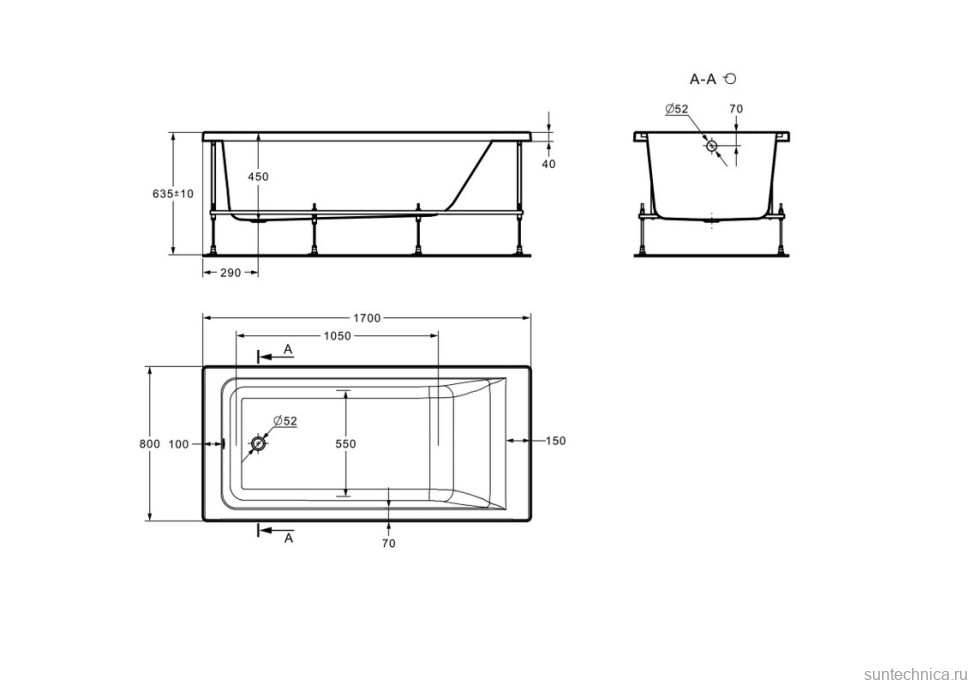 Акриловая ванна Roca Easy 170x80 см, пристенная, белая, с каркасом, со сливом-переливом