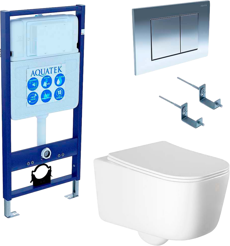 Комплект Унитаз подвесной AQUATEK Лугано AQ2002-00 безободковый, с микролифтом + Инсталляция Standard INS-0000012 + Комплект креплений KKI-0000002 + Кнопка KDI-0000010 глянцевый хром