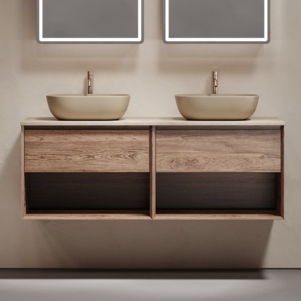 Тумба с раковиной Sancos Marmi 1.0 140 дуб чарльстон, столешница бежевая TT140A2X, раковина CN6009MC