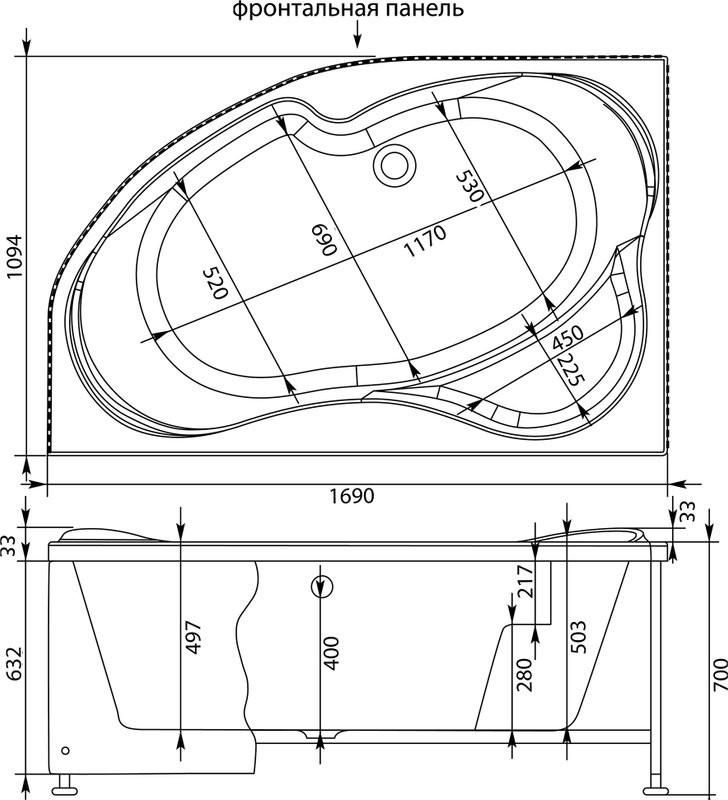 Акриловая ванна Aquanet Capri 00205345 L 170x110 см, угловая, левая, пристенная, белая, асимметричная, с каркасом, с сиденьем