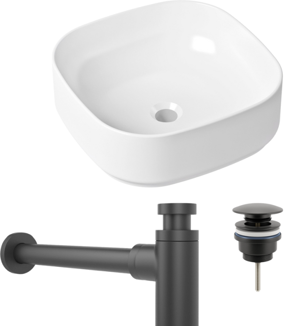 Комплект Накладная раковина Lavinia Boho Bathroom Sink Slim 33311006 + Донный клапан Wellsee Drainage System 182140000 матовый черный + Сифон 182105000 матовый черный