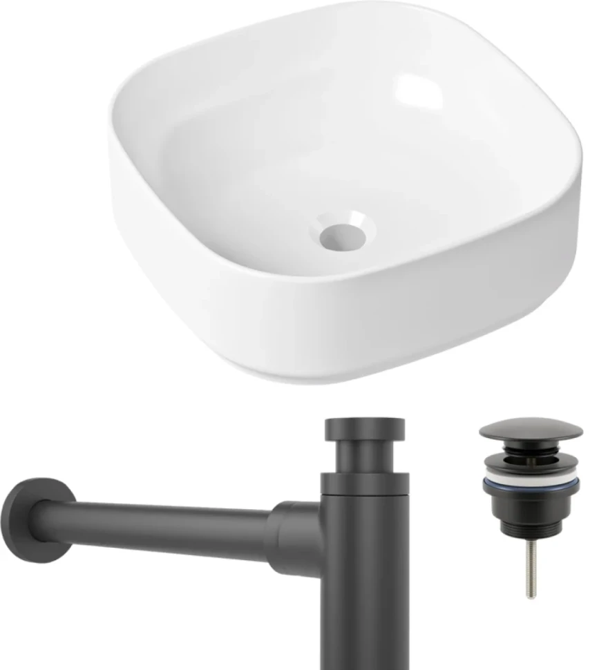 Комплект Накладная раковина Lavinia Boho Bathroom Sink Slim 33311006 + Донный клапан Wellsee Drainage System 182140000 матовый черный + Сифон 182105000 матовый черный