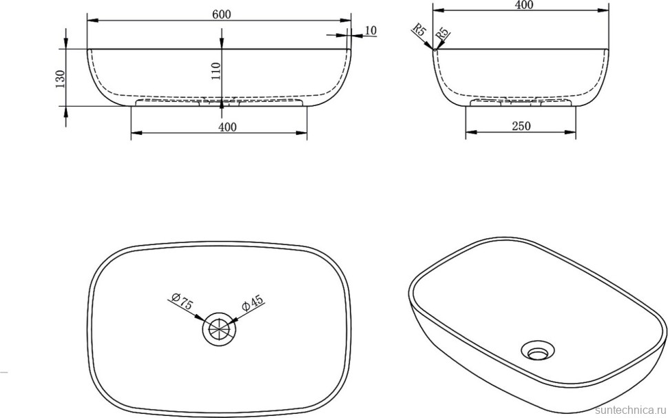 Накладная раковина Abber Stein AS2620 60 матовая белая, прямоугольная, искусственный камень