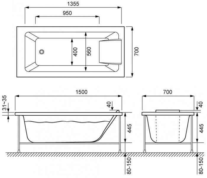 Акриловая ванна Jacob Delafon Sofa 150x70 см, встраиваемая, белая, с каркасом