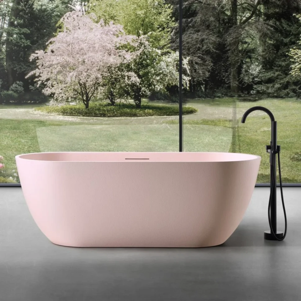 Ванна из искусственного камня Abber Frankfurt AM9941MP 170x75 см, отдельностоящая, матовая розовая, овальная, фурнитура белая