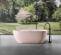 Ванна из искусственного камня Abber Frankfurt AM9941MP 170x75 см, отдельностоящая, матовая розовая, овальная, фурнитура белая