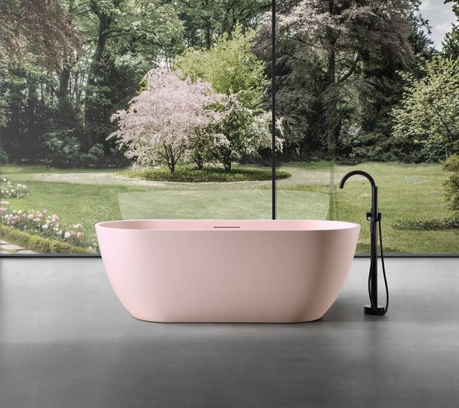 Ванна из искусственного камня Abber Frankfurt AM9941MP 170x75 см, отдельностоящая, матовая розовая, овальная, фурнитура белая