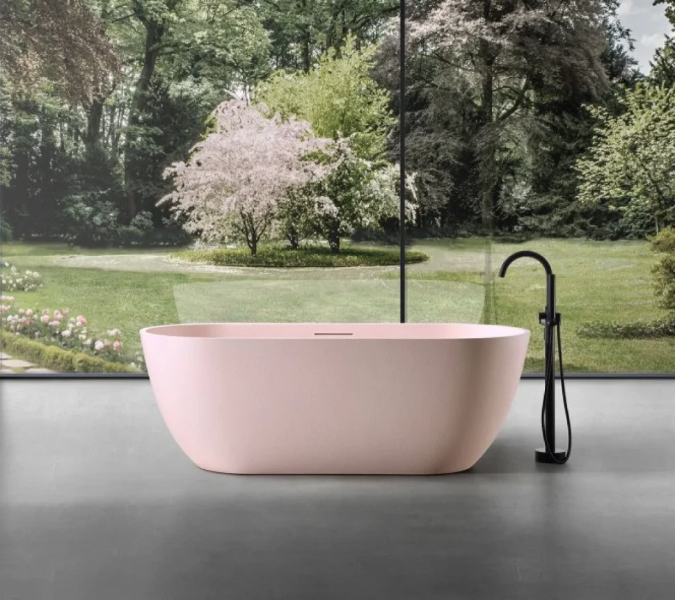 Ванна из искусственного камня Abber Frankfurt AM9941MP 170x75 см, отдельностоящая, матовая розовая, овальная, фурнитура белая