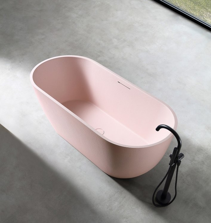 Ванна из искусственного камня Abber Frankfurt AM9941MP 170x75 см, отдельностоящая, матовая розовая, овальная, фурнитура белая