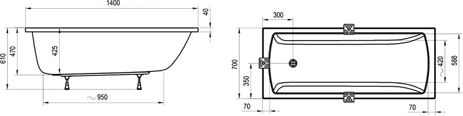 Акриловая ванна Ravak Classic II 140x70 см, пристенная, белая, на ножках