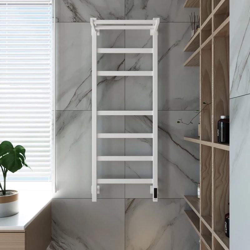 Полотенцесушитель электрический Grota Tela 430х1200 RAL9016 EL 120x45 см, подключение справа, слева, скрытое подключение справа, матовый белый, лесенка, из стали, с полкой