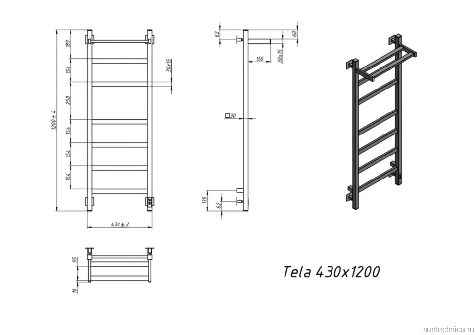 Полотенцесушитель электрический Grota Tela 430х1200 RAL9016 EL 120x45 см, подключение справа, слева, скрытое подключение справа, матовый белый, лесенка, из стали, с полкой