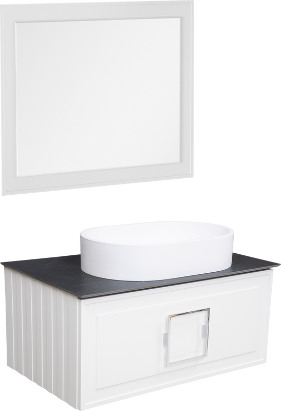 Мебель для ванной комнаты La Fenice Cubo 80 подвесная, белая, ручка хром, столешница черный мрамор, раковина матовая белая