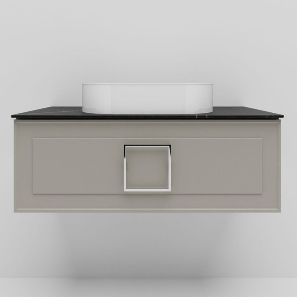Тумба под раковину со столешницей La Fenice Cubo 100 подвесная, бежевая матовая, столешница черный мрамор, ручки белые