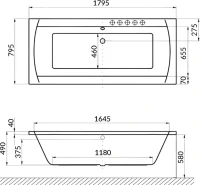 Акриловая ванна Excellent Aquaria Lux Relax 180x80 см, встраиваемая, с гидромассажем, белая, с каркасом, со сливом-переливом, фурнитура золото