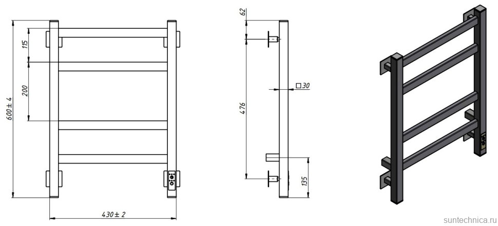 Полотенцесушитель электрический Grota Nosto 430х600 NP EL 60x45 см, подключение справа, слева, скрытое подключение справа, глянцевый хром, лесенка