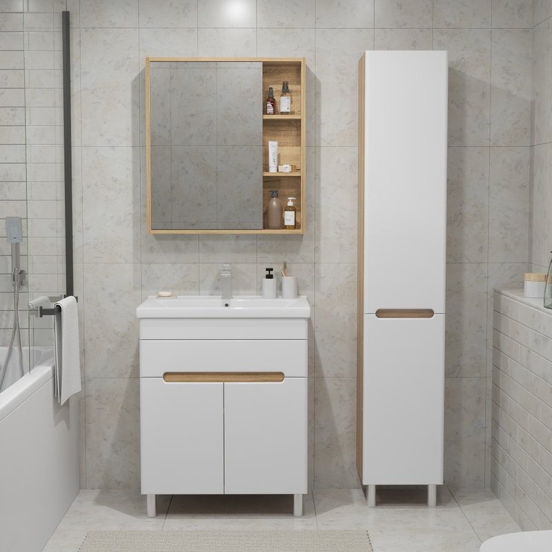 Тумба под раковину без столешницы SanStar Модена 70 напольная, глянцевая белая, дуб вотан