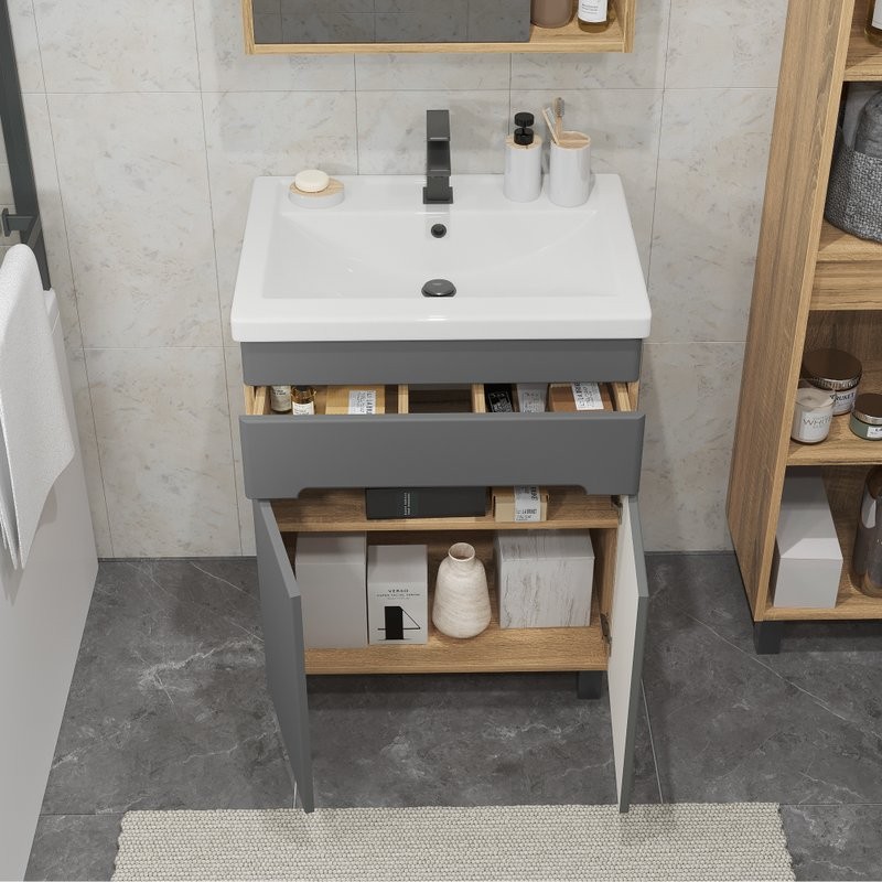 Тумба с раковиной SanStar Модена 50 напольная, графит софт, дуб вотан, раковина Фостер 50