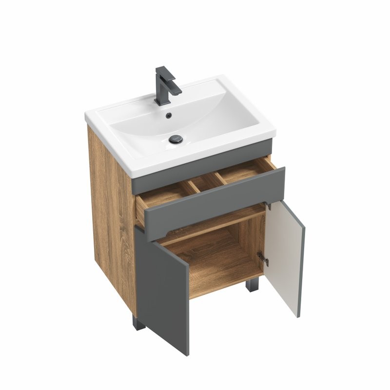 Тумба с раковиной SanStar Модена 50 напольная, графит софт, дуб вотан, раковина Фостер 50