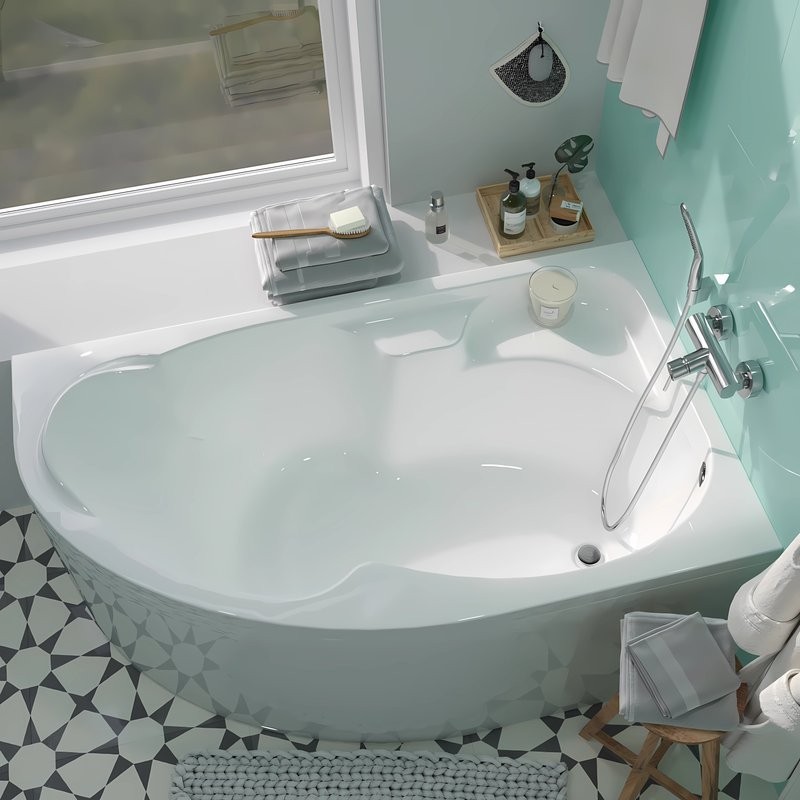 Акриловая ванна 1MarKa Diana R Премиум 170x105 см, угловая, правая, пристенная, белая, асимметричная, с каркасом, с экраном, с сиденьем, со сливом-переливом