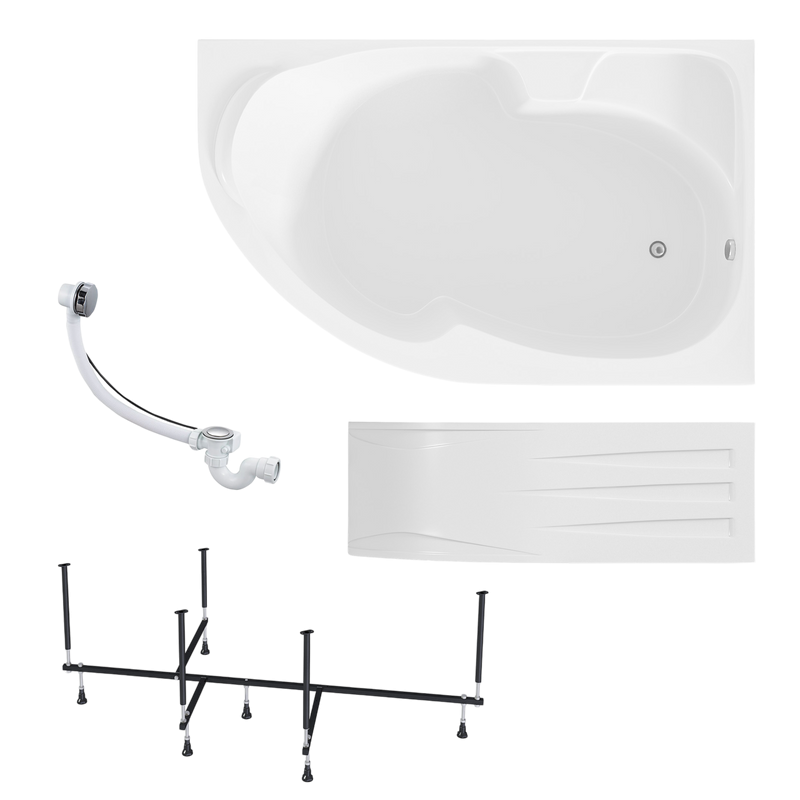 Акриловая ванна 1MarKa Diana R Премиум 170x105 см, угловая, правая, пристенная, белая, асимметричная, с каркасом, с экраном, с сиденьем, со сливом-переливом