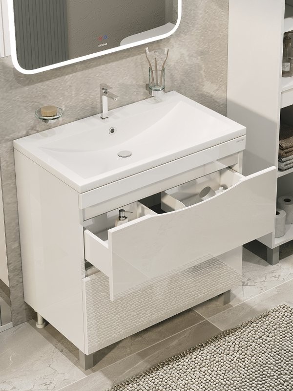 Мебель для ванной комнаты Grossman Виста 90 напольная, 2 ящика, белый глянец