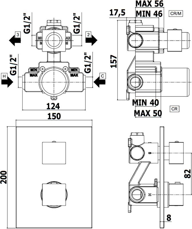 Термостатический смеситель встраиваемый Paffoni Level LEQ518CR/M С ВНУТРЕННЕЙ ЧАСТЬЮ, для ванный с душем, хром