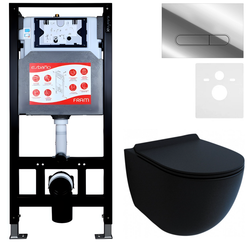 Комплект Унитаз подвесной Esbano Garcia ESUPGARCBM матовый черный + Инсталляция Fram + Кнопка ESINOVL17SC