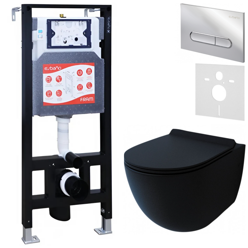 Комплект Унитаз подвесной Esbano Garcia ESUPGARCBM матовый черный + Инсталляция Fram + Кнопка ESINOVL17SC