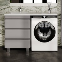 Тумба с раковиной Style Line Даллас Леон 120 L Люкс Plus напольная, серая, для стиральной машины, 3 ящика