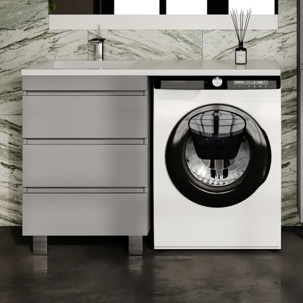 Тумба с раковиной Style Line Даллас Леон 120 L Люкс Plus напольная, серая, для стиральной машины, 3 ящика