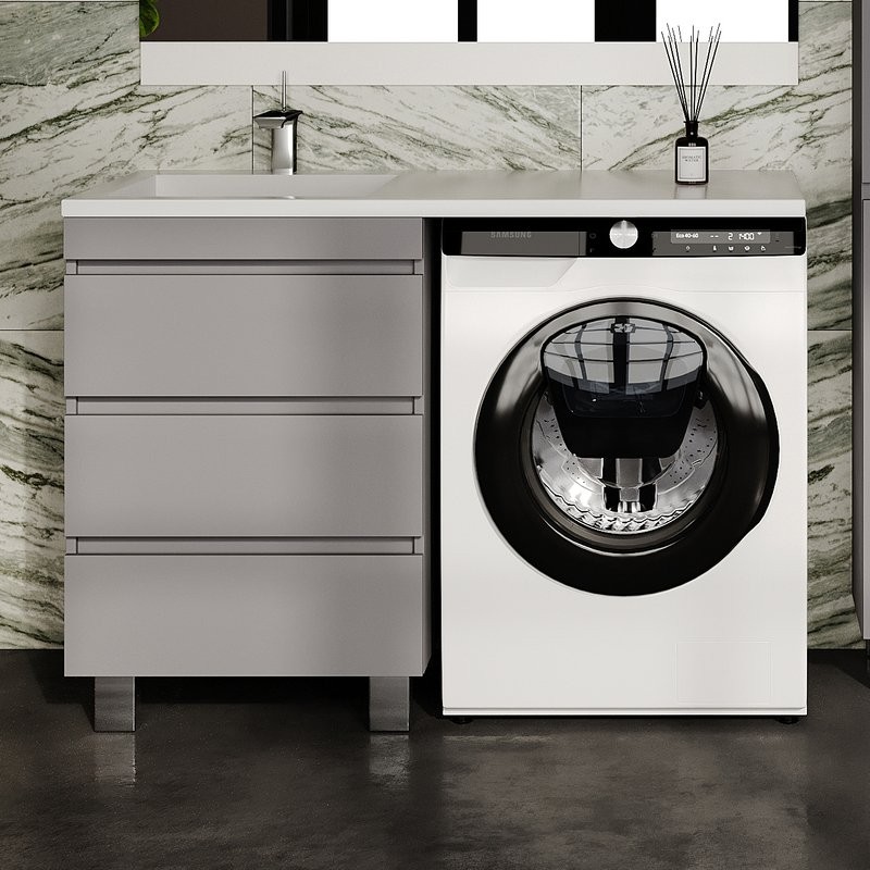 Тумба с раковиной Style Line Даллас Леон 120 L Люкс Plus напольная, серая, для стиральной машины, 3 ящика
