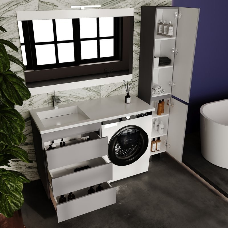 Тумба с раковиной Style Line Даллас Леон 120 L Люкс Plus напольная, серая, для стиральной машины, 3 ящика
