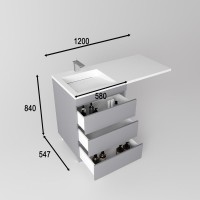 Тумба с раковиной Style Line Даллас Леон 120 L Люкс Plus напольная, серая, для стиральной машины, 3 ящика