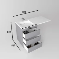 Тумба с раковиной Style Line Даллас Леон 120 L Люкс Plus напольная, серая, для стиральной машины, 3 ящика
