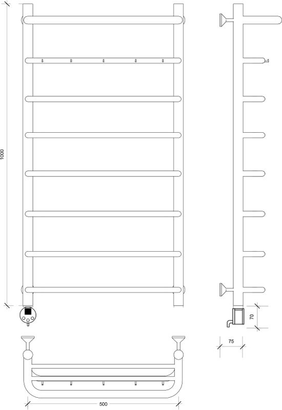 Полотенцесушитель электрический Secado Мерида 1 КСП 100x50 см, подключение слева, матовый черный, лесенка, с полкой