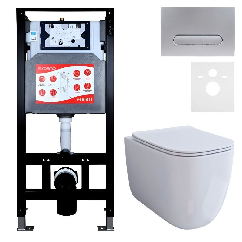 Комплект 3 в 1 Унитаз подвесной Esbano ESUPGARAW + Инсталляция Fram + Кнопка ESINOVL17SC цвет глянцевый хром