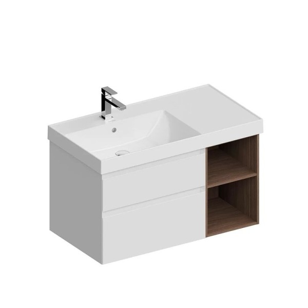 Тумба с раковиной KERAMA MARAZZI Cubo 90, левая белая матовая, структурированный орех