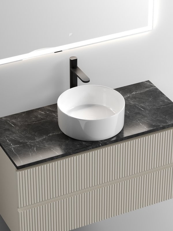Тумба под раковину со столешницей Sancos Snob T 100 beige soft, столешница черный мрамор, с отв. под смеситель