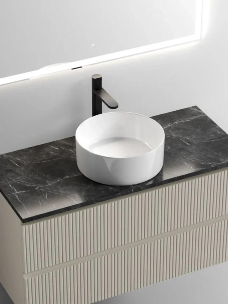 Тумба под раковину со столешницей Sancos Snob T 100 beige soft, столешница черный мрамор, с отв. под смеситель