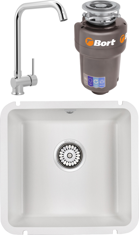 Комплект Мойка Paulmark Unter 50 PM204543-WH белая + Смеситель MEGA Didim MG-CM107 хром + Измельчитель Bort Titan 5000