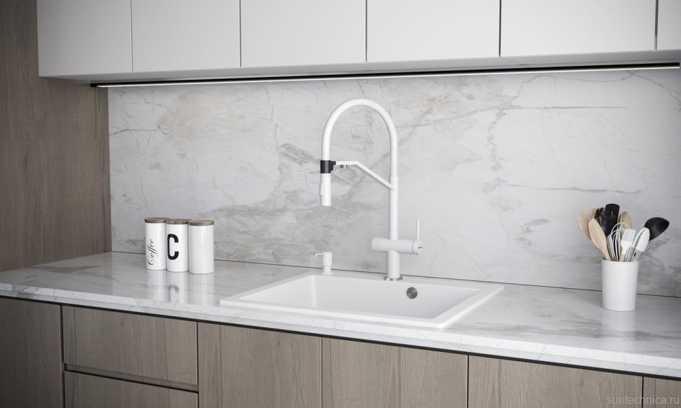 Смеситель для кухни Paulmark Zender Ze213155-WH с гибким изливом, белый матовый