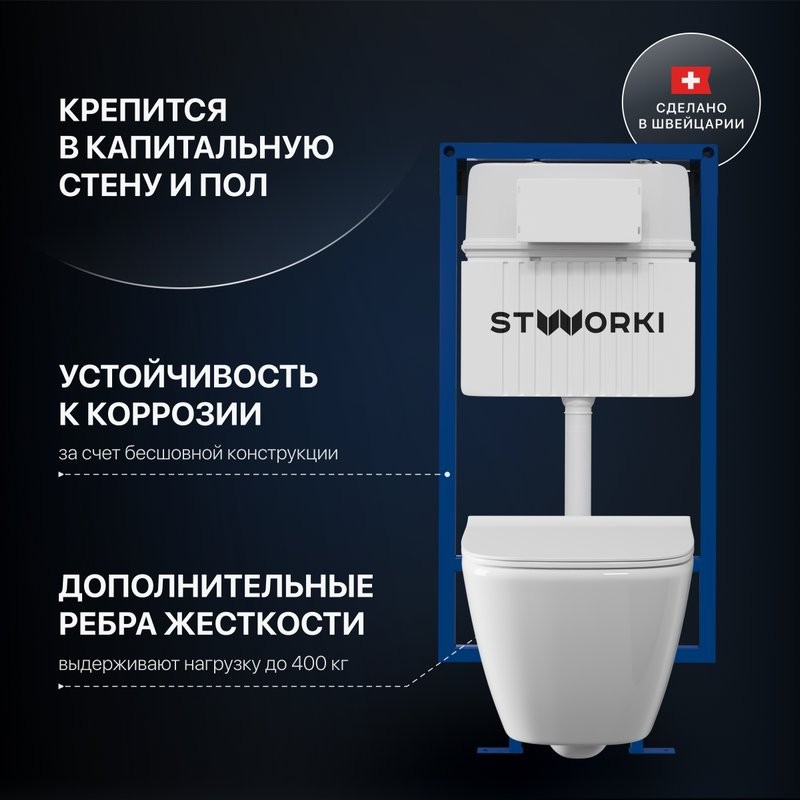 Комплект Унитаз подвесной STWORKI Карлстад 5610 безободковый + Крышка Lento 0405 быстросъемное, с микролифтом + Инсталляция + Кнопка 230824 белая