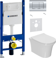 Комплект Унитаз подвесной Bauedge Bau Spectrum PRO безободковый, с микролифтом, белый + Звукоизоляция Geberit + Инсталляция Duofix Delta 458.163.21.1 с кнопкой смыва, хром