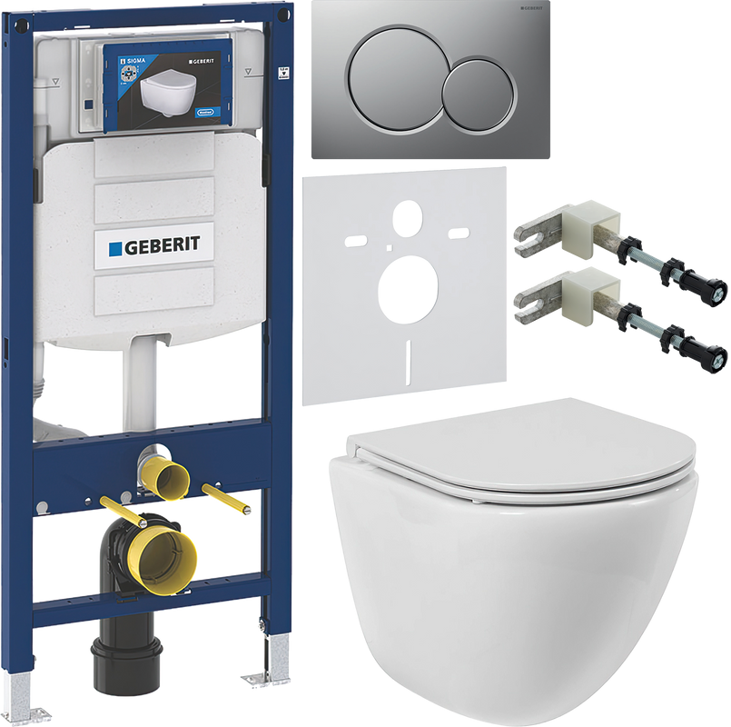 Комплект Унитаз подвесной BelBagno Amanda BB051CHR безободковый + Крышка BB870SC с микролифтом + Инсталляция Geberit Duofix UP 320 111.300.00.5 + Кнопка Sigma 01 115.770.JQ.5 лакированная, матовый хром + Крепления 111.815.00.1 к стене + Звукоизоляция