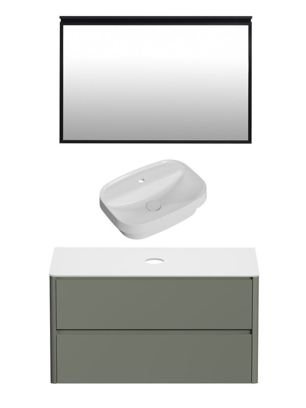 Мебель для ванной комнаты Allen Brau Gravity 120 2 ящика, матовая олива, столешница белая, раковина Fantasy Sphere 55х40, белая