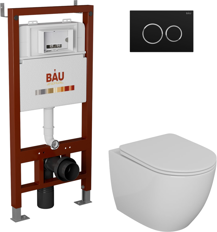 Комплект Унитаз подвесной Bauedge Bau Dream безободковый, с микролифтом + Инсталляция Bau Pro + Кнопка Dream, черная матовая