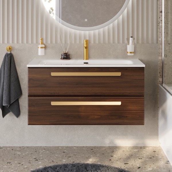 Тумба с раковиной Cezares Eco Cer-N 100 орех шоколад софт, раковина Eco 100, ручки сатиновое золото