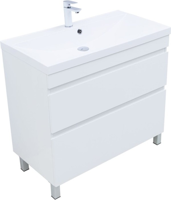 Тумба под раковину без столешницы Aquanet Нота New 90 напольная, 2 ящика, белый глянец